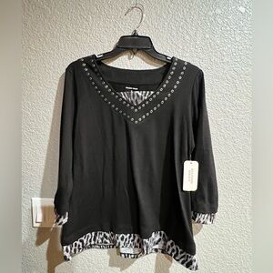 Alison Daley black top with animal print detailing size M